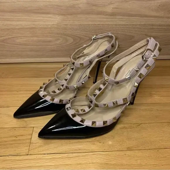 Valentino Black and Tan Studded Heels - Picture 1 of 8